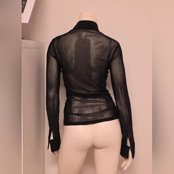 TAGLIA42 Black Sheer Ruffle-Trim Button-Up Blouse - Picture 4 of 8